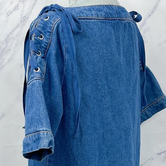 Anthropologie | Maeve | Denim Mini Shift Dress with Lace-Up and Tie Shoulders - Picture 6 of 12
